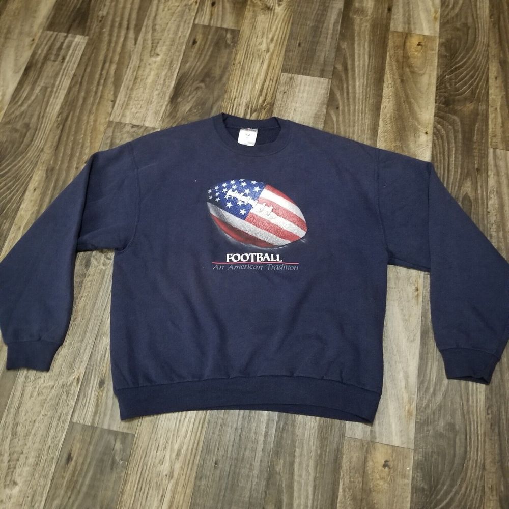 Vintage Mens L Football An American Tradition Flag Patriotic Crewneck Sweatshirt